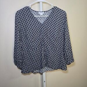 Liz‎ Claiborne Black & White Print 3/4 Sleeve Button-Up Blouse - Women's sz PM